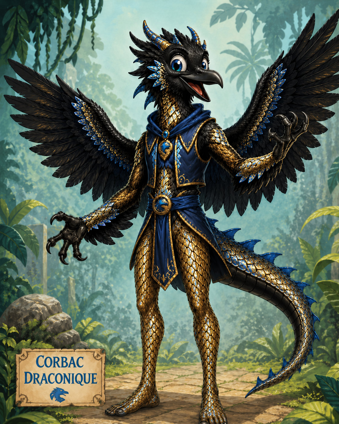 Corbac Draconique, créature mi-humaine mi-corbeau aux écailles dorées